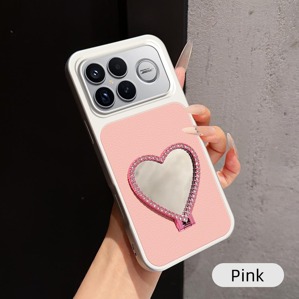 For Redmi K90 Pro Max Lambskin Series Skin Feel Shockproof Phone Case with Heart Mirror Holder(Pink)
