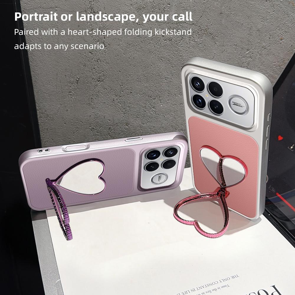 For Redmi K90 Pro Max Lambskin Series Skin Feel Shockproof Phone Case with Heart Mirror Holder(Pink)