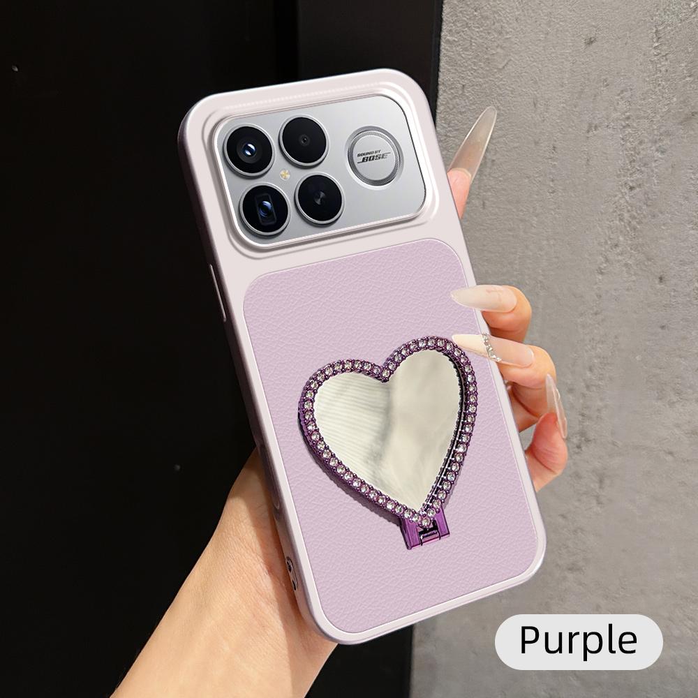 For Redmi K90 Pro Max Lambskin Series Skin Feel Shockproof Phone Case with Heart Mirror Holder(Purple)