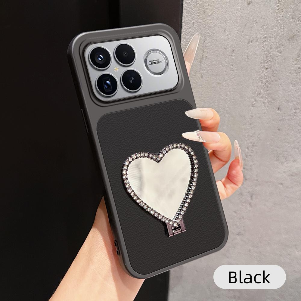 For Redmi K90 Pro Max Lambskin Series Skin Feel Shockproof Phone Case with Heart Mirror Holder(Black)