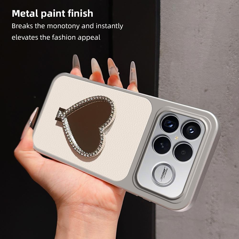 For Redmi K90 Pro Max Lambskin Series Skin Feel Shockproof Phone Case with Heart Mirror Holder(Black)