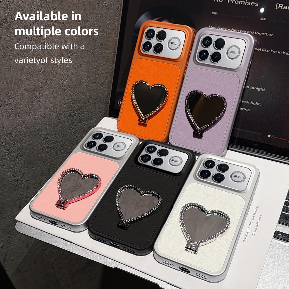 For Redmi K90 Pro Max Lambskin Series Skin Feel Shockproof Phone Case with Heart Mirror Holder(Orange)