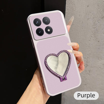 For Redmi Note 12 Turbo Lambskin Series Skin Feel Shockproof Phone Case with Heart Mirror Holder(Purple)