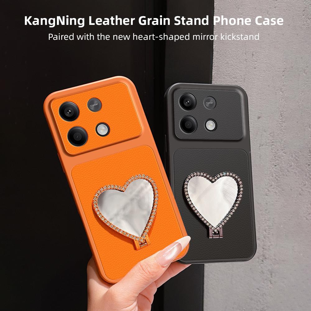 For Redmi Note 13 Lambskin Series Skin Feel Shockproof Phone Case with Heart Mirror Holder(Pink)