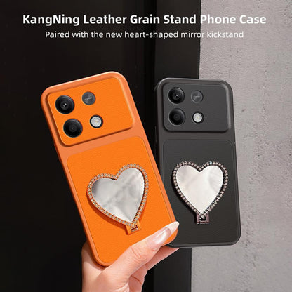 For Redmi Note 13 Lambskin Series Skin Feel Shockproof Phone Case with Heart Mirror Holder(Orange)