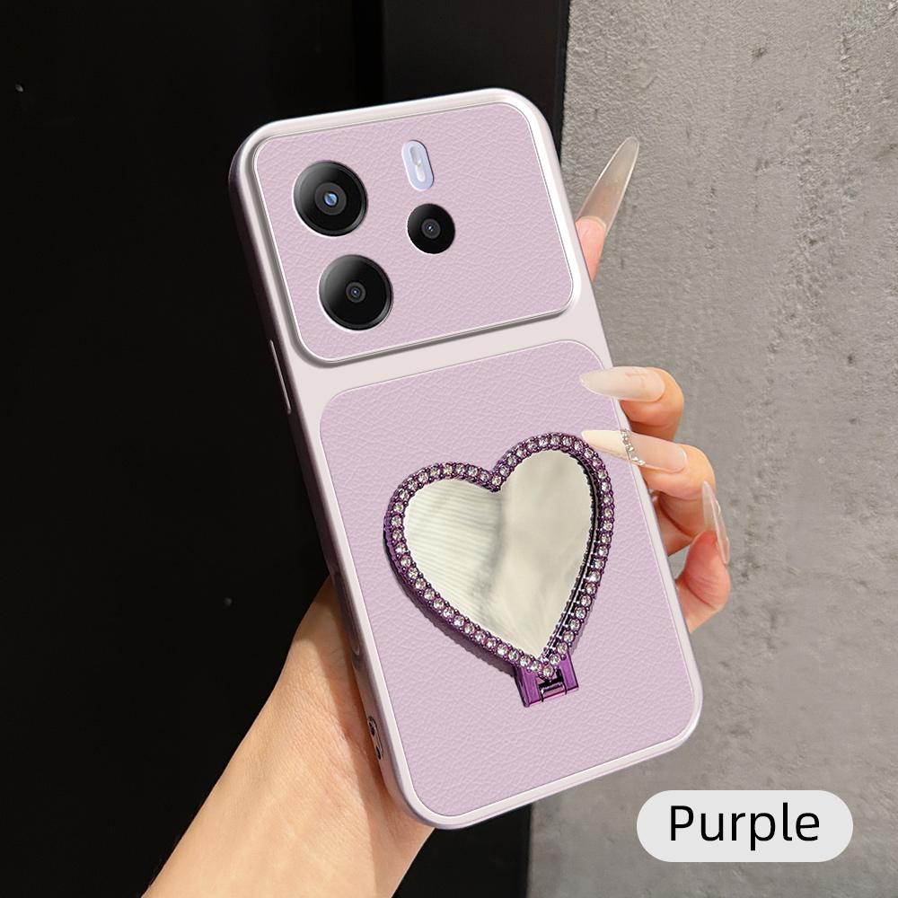 For Redmi Note 14 5G Lambskin Series Skin Feel Shockproof Phone Case with Heart Mirror Holder(Purple)
