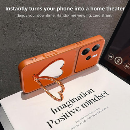 For Redmi Note 14 5G Lambskin Series Skin Feel Shockproof Phone Case with Heart Mirror Holder(Purple)