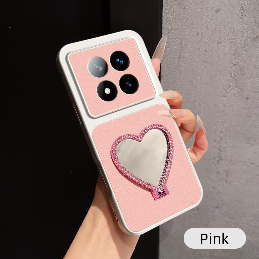 For Redmi Note 14 Pro+ 5G Lambskin Series Skin Feel Shockproof Phone Case with Heart Mirror Holder(Pink)