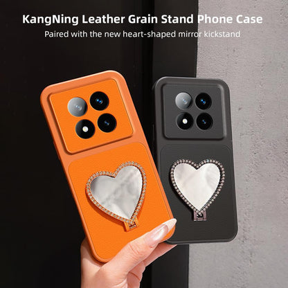 For Redmi Note 14 Pro+ 5G Lambskin Series Skin Feel Shockproof Phone Case with Heart Mirror Holder(Pink)