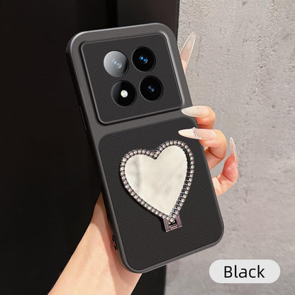 For Redmi Note 14 Pro+ 5G Lambskin Series Skin Feel Shockproof Phone Case with Heart Mirror Holder(Black)