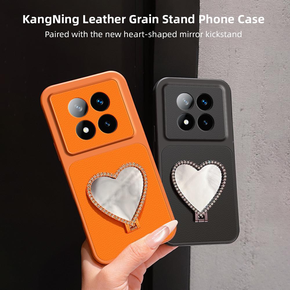 For Redmi Note 14 Pro+ 5G Lambskin Series Skin Feel Shockproof Phone Case with Heart Mirror Holder(Black)