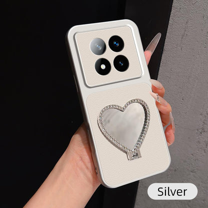 For Redmi Note 14 Pro+ 5G Lambskin Series Skin Feel Shockproof Phone Case with Heart Mirror Holder(Silver)