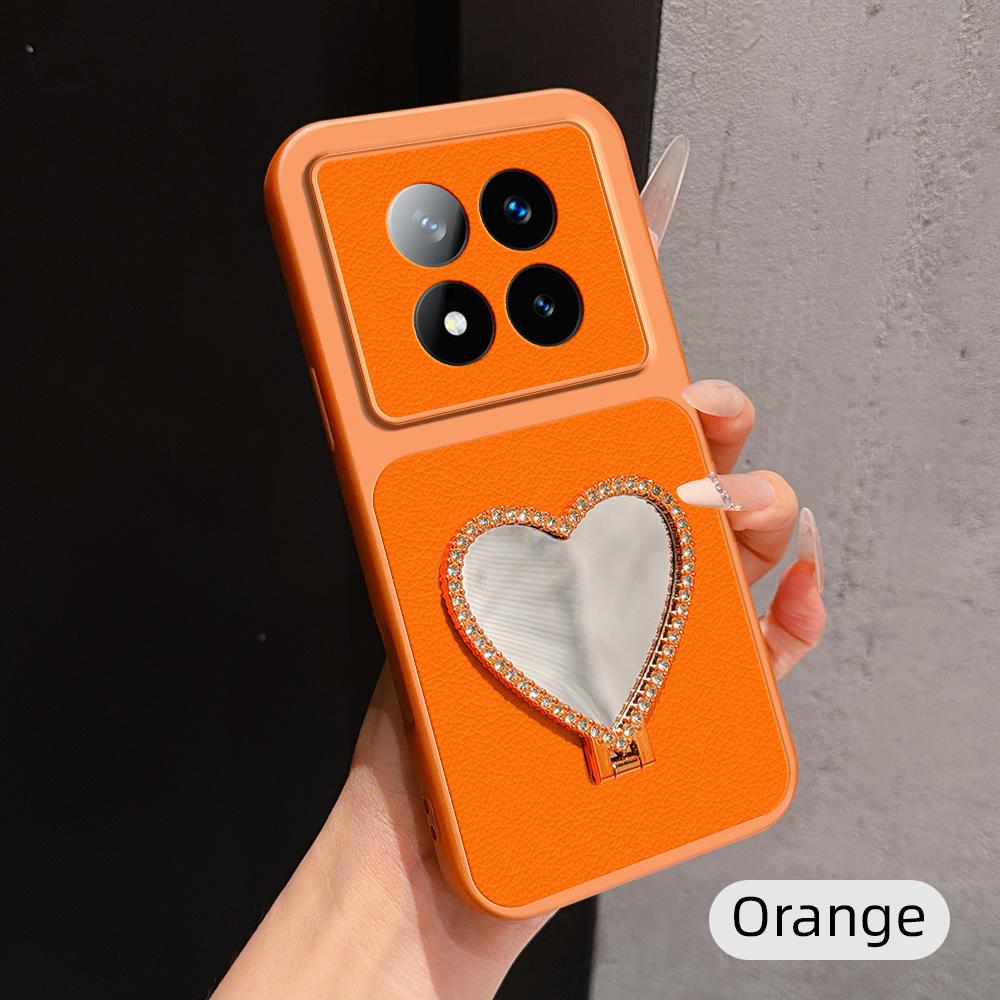 For Redmi Note 14 Pro+ 5G Lambskin Series Skin Feel Shockproof Phone Case with Heart Mirror Holder(Orange)