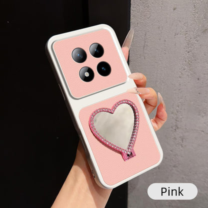 For Redmi Note 15 Pro+ 5G Global 163.3mm Lambskin Series Skin Feel Shockproof Phone Case with Heart Mirror Holder(Pink)