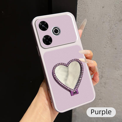 For Redmi Turbo 3 Lambskin Series Skin Feel Shockproof Phone Case with Heart Mirror Holder(Purple)