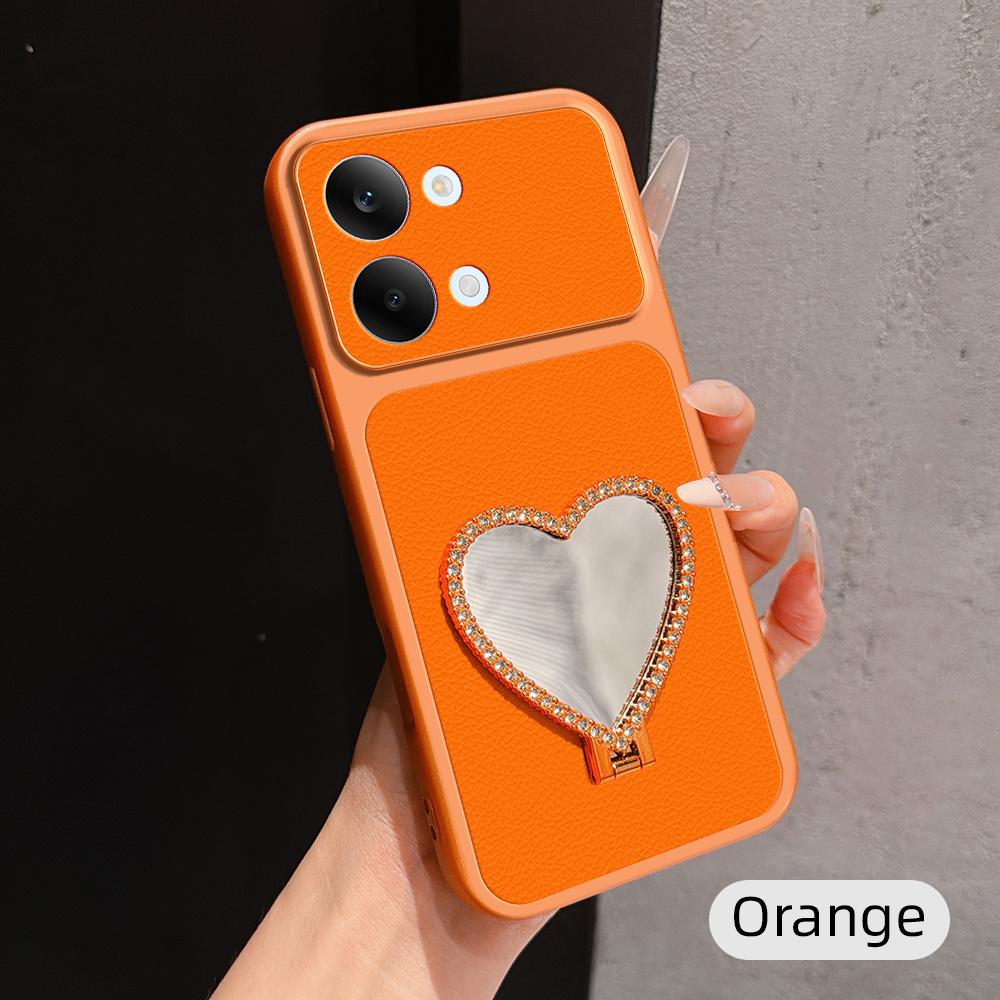 For Redmi Turbo 5 Max 5G Lambskin Series Skin Feel Shockproof Phone Case with Heart Mirror Holder(Orange)