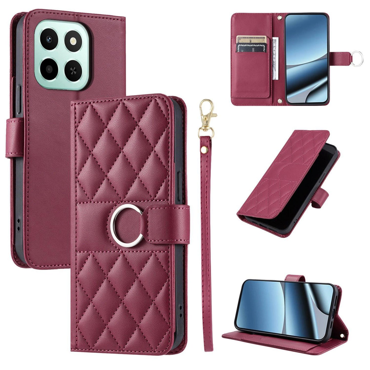 For Honor X6c / X6b 4G / X6a Ring Buckle Rhombic Leather Phone Case(Red)