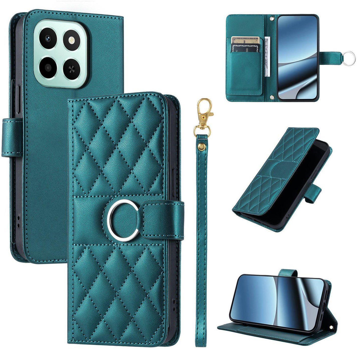 For Honor X6c / X6b 4G / X6a Ring Buckle Rhombic Leather Phone Case(Green)