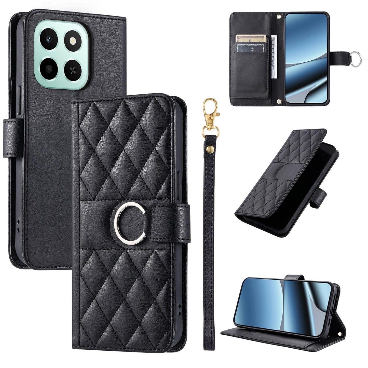 For Honor X6c / X6b 4G / X6a Ring Buckle Rhombic Leather Phone Case(Black)
