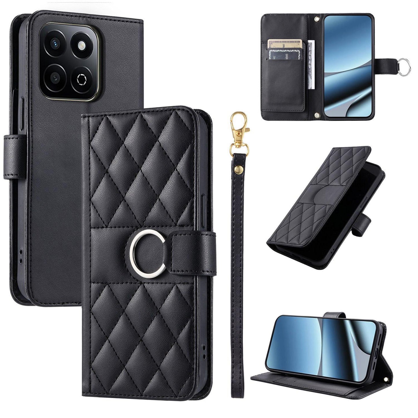 For Honor X7c 4G / 200 Smart / Play9T 5G Ring Buckle Rhombic Leather Phone Case(Black)