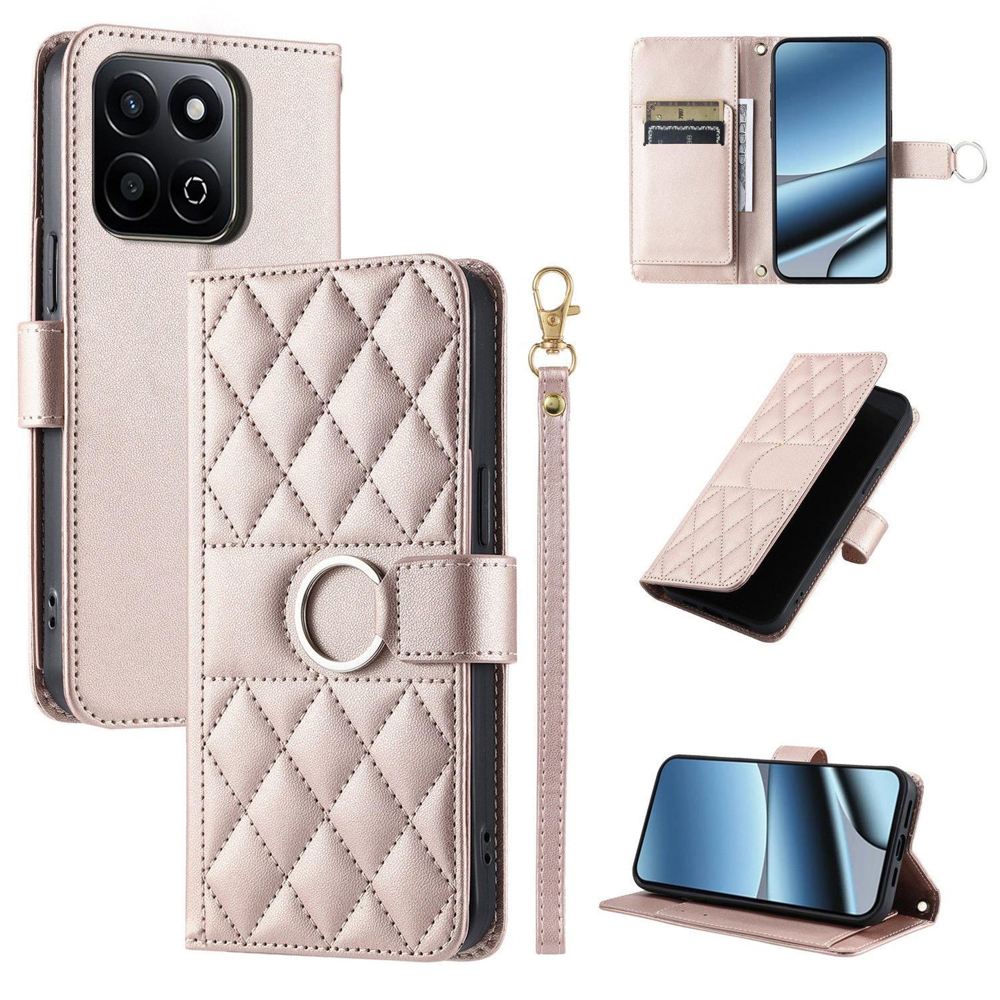 For Honor X7c 4G / 200 Smart / Play9T 5G Ring Buckle Rhombic Leather Phone Case(Rose Gold)