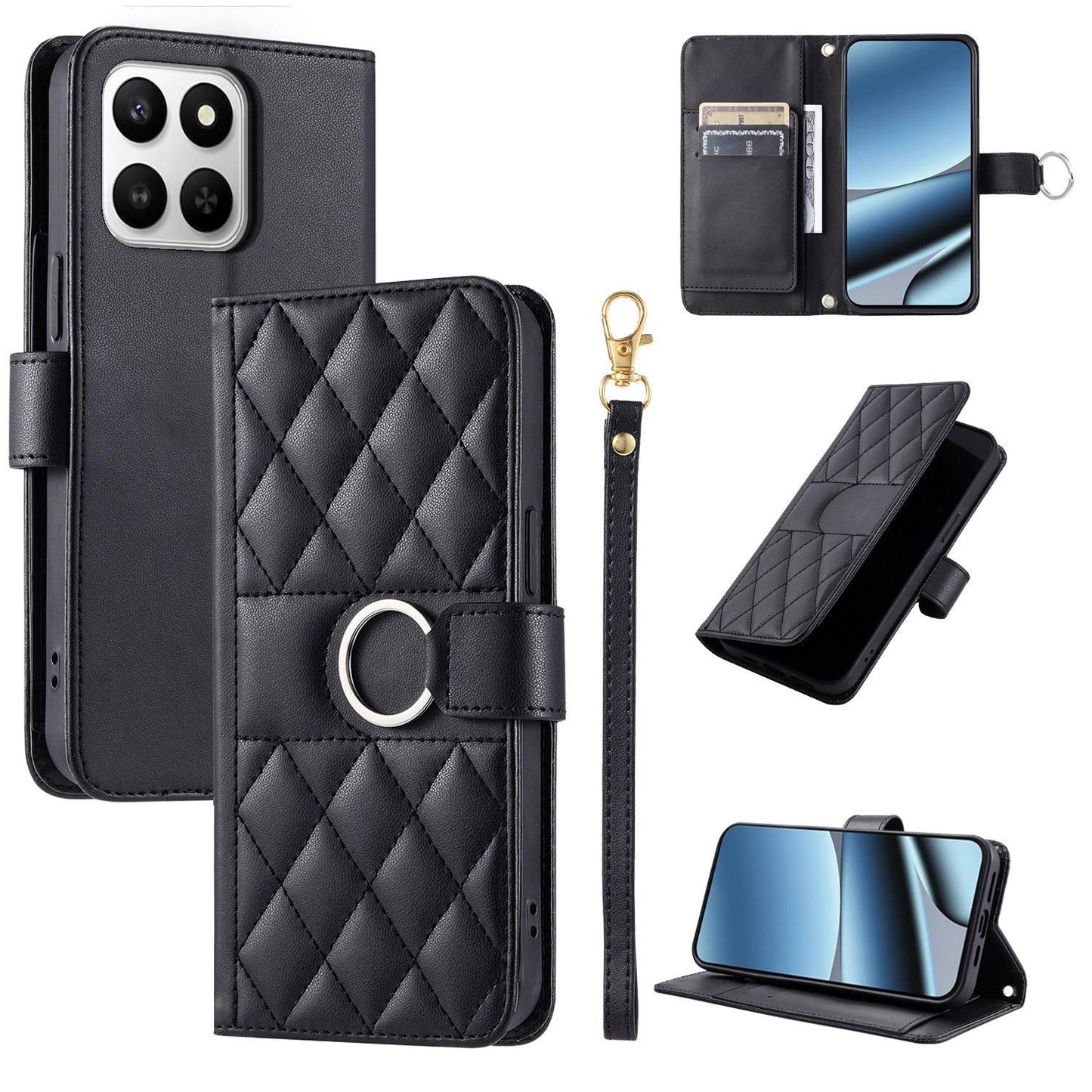 For Honor 400 Smart / X7d 5G Ring Buckle Rhombic Leather Phone Case(Black)