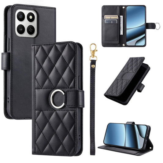 For Honor 400 Smart / X7d 5G Ring Buckle Rhombic Leather Phone Case(Black)