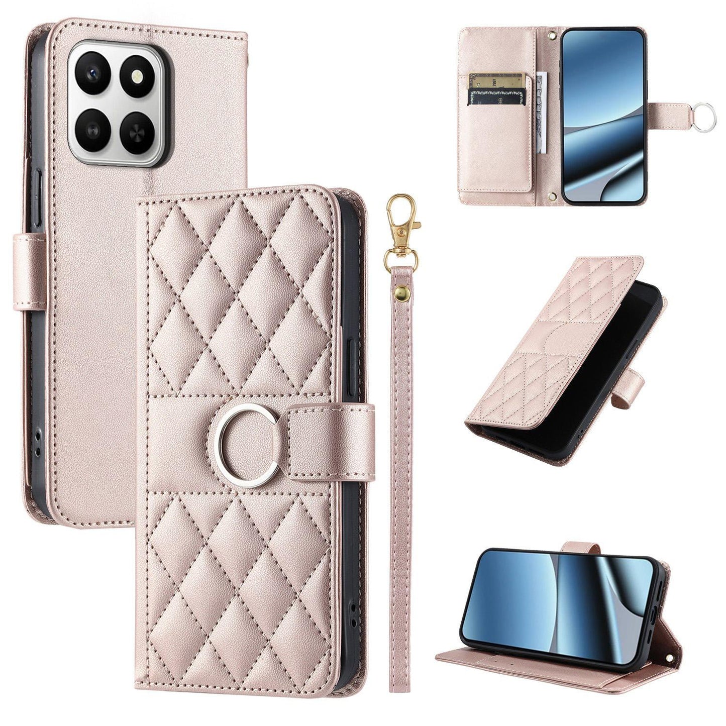 For Honor 400 Smart / X7d 5G Ring Buckle Rhombic Leather Phone Case(Rose Gold)