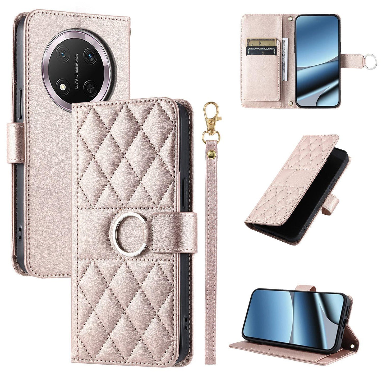 For Honor X9c / Magic7 Lite Ring Buckle Rhombic Leather Phone Case(Rose Gold)