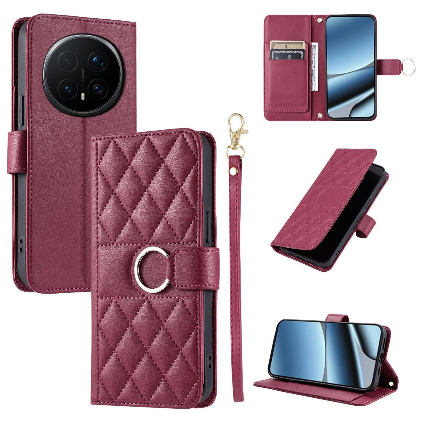 For Honor Magic8 Pro Ring Buckle Rhombic Leather Phone Case(Red)