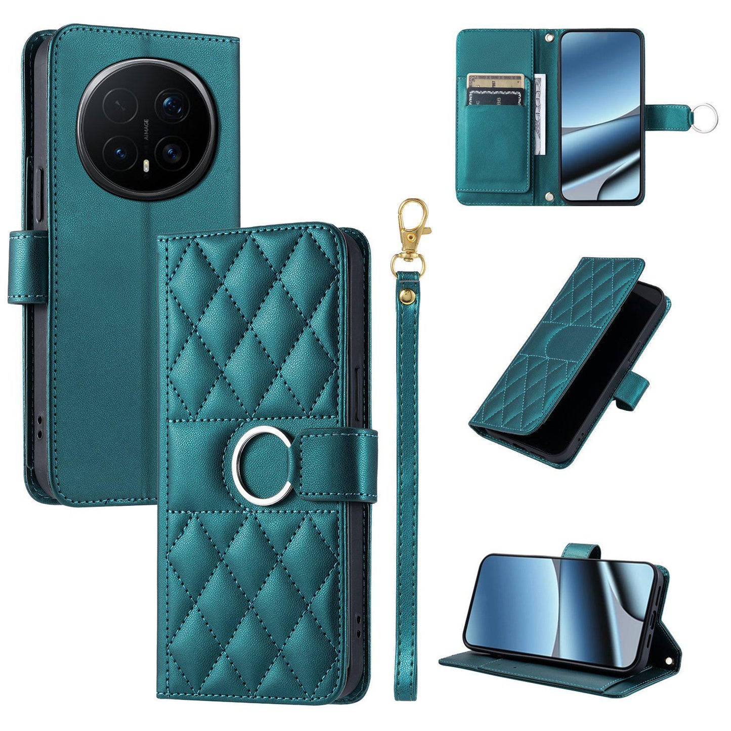For Honor Magic8 Pro Ring Buckle Rhombic Leather Phone Case(Green)