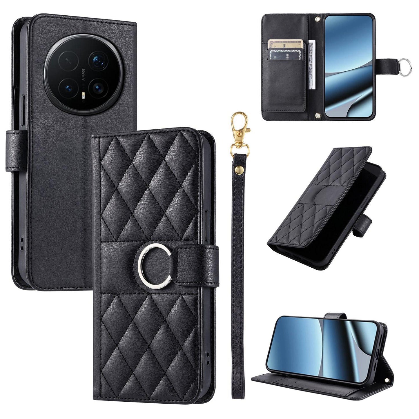 For Honor Magic8 Pro Ring Buckle Rhombic Leather Phone Case(Black)