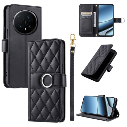 For Honor Magic8 Pro Ring Buckle Rhombic Leather Phone Case(Black)