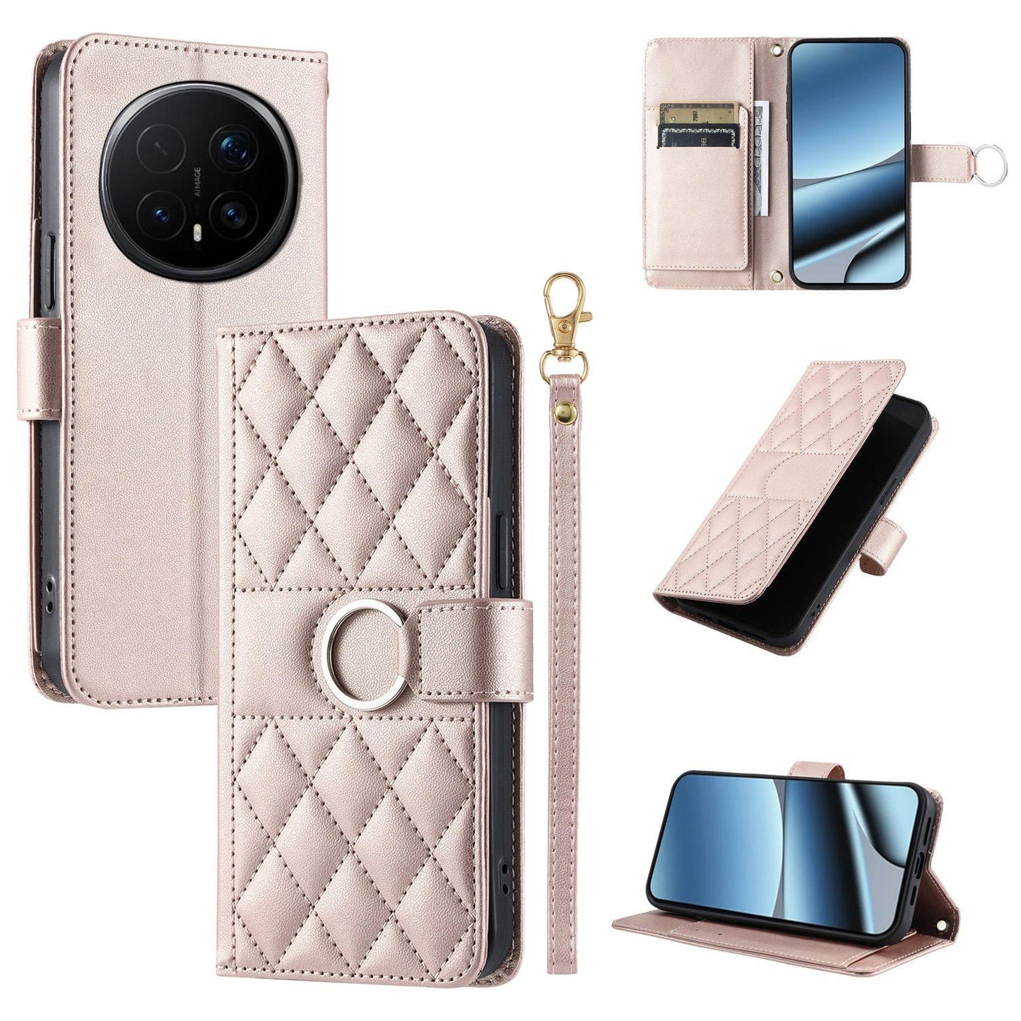 For Honor Magic8 Pro Ring Buckle Rhombic Leather Phone Case(Rose Gold)