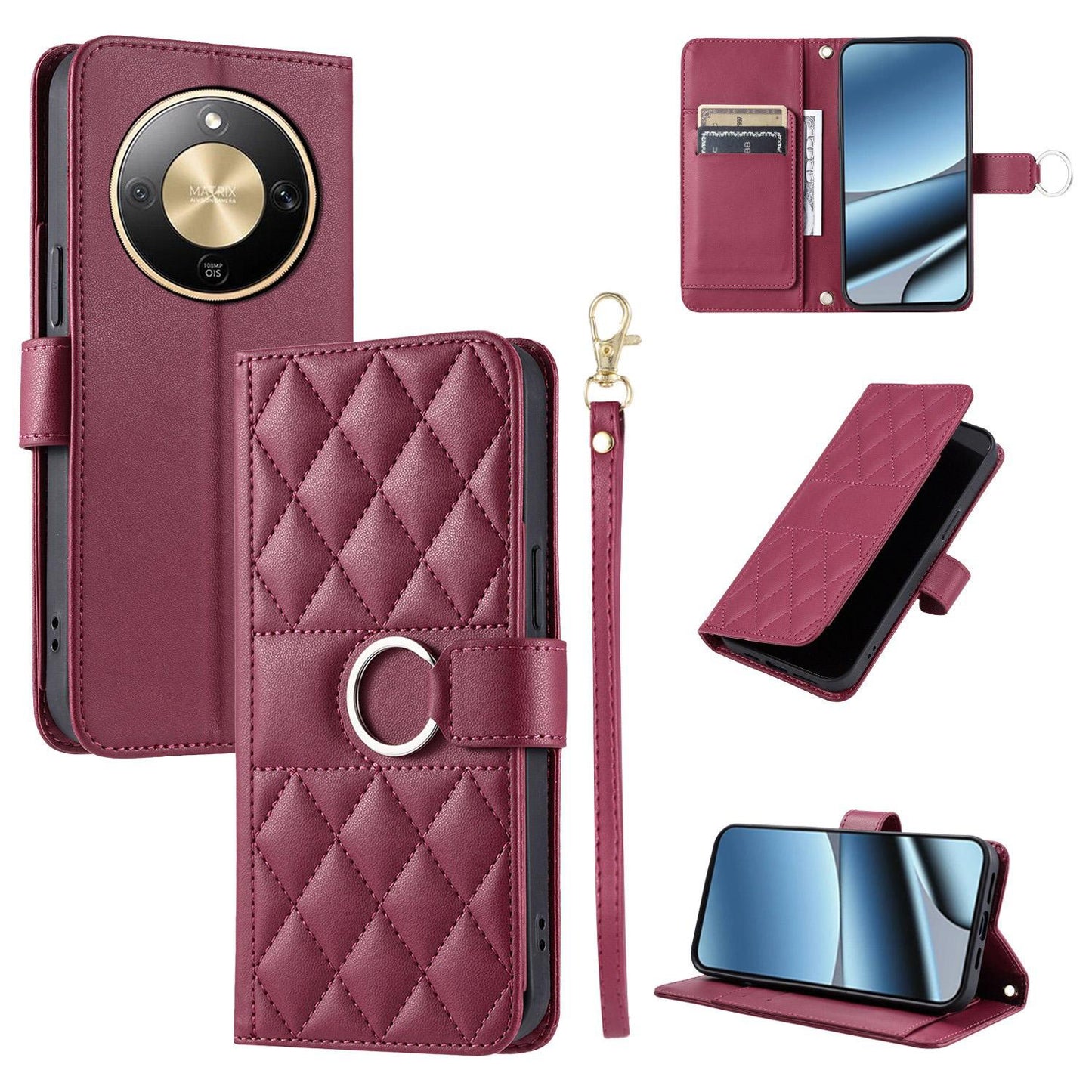 For Honor Magic8 Lite / X9d / X70 5G Ring Buckle Rhombic Leather Phone Case(Red)