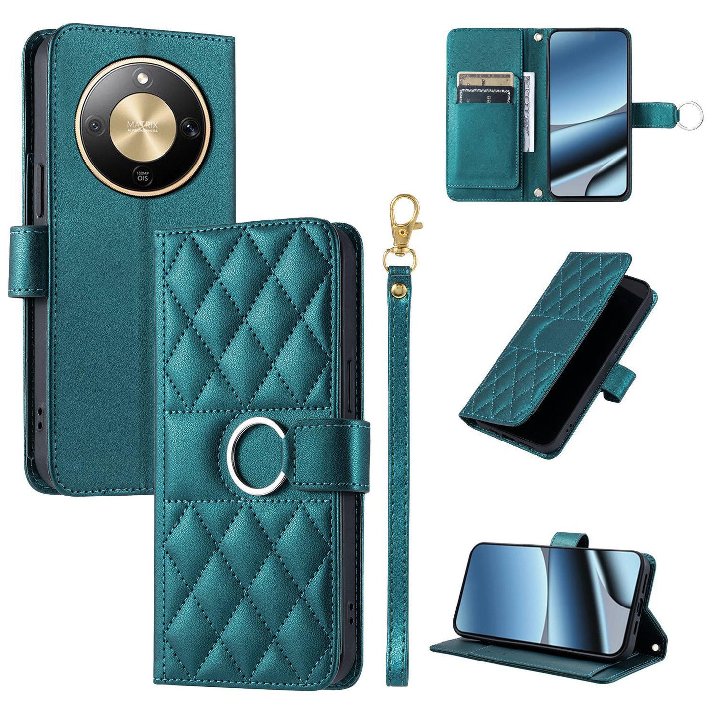For Honor Magic8 Lite / X9d / X70 5G Ring Buckle Rhombic Leather Phone Case(Green)