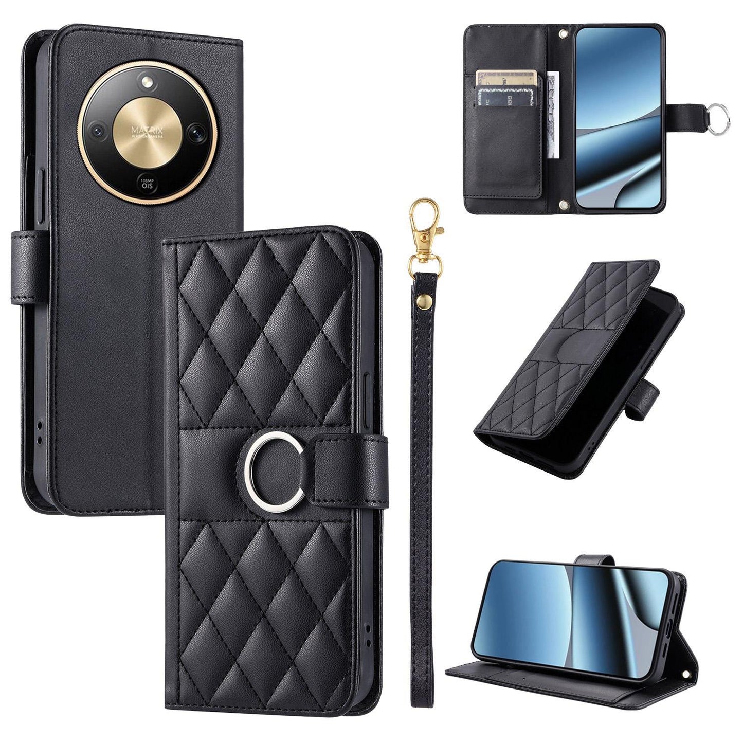 For Honor Magic8 Lite / X9d / X70 5G Ring Buckle Rhombic Leather Phone Case(Black)