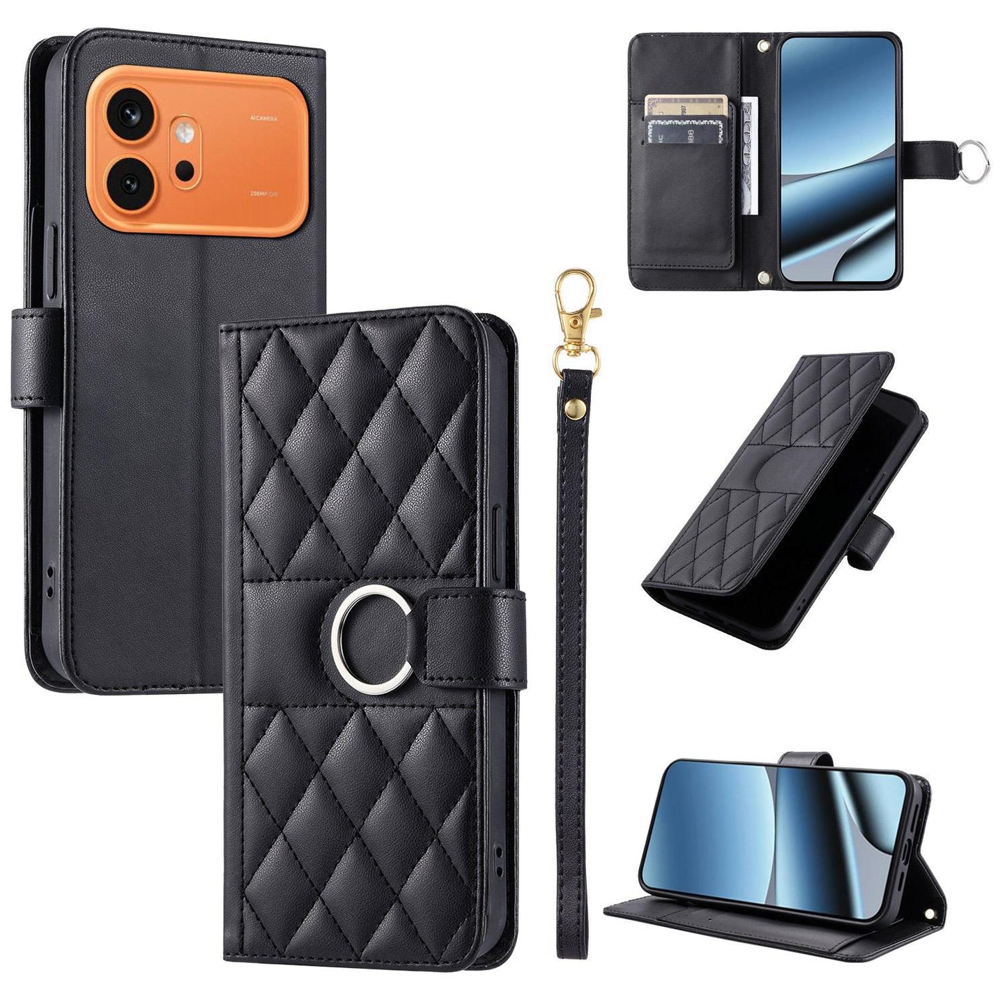 For Honor 600 / 600 Pro Global Ring Buckle Rhombic Leather Phone Case(Black)
