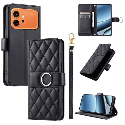 For Honor 600 / 600 Pro Global Ring Buckle Rhombic Leather Phone Case(Black)