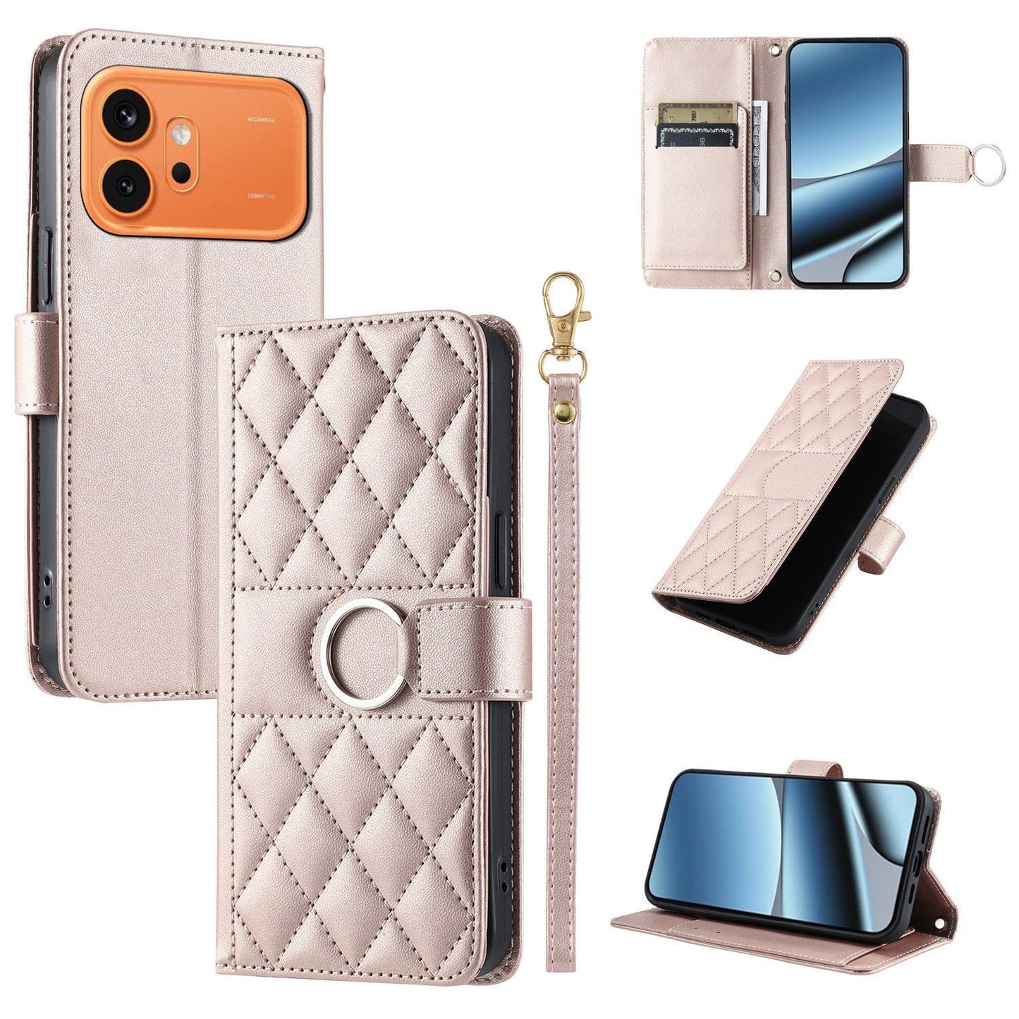 For Honor 600 / 600 Pro Global Ring Buckle Rhombic Leather Phone Case(Rose Gold)