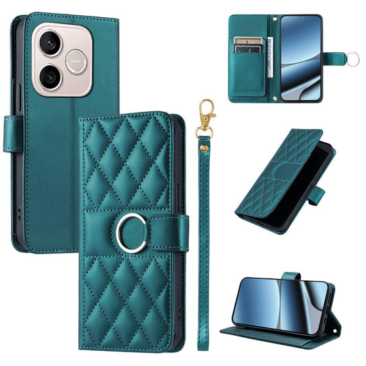 For Honor 600 Lite Global / 500 Smart 5G Ring Buckle Rhombic Leather Phone Case(Green)