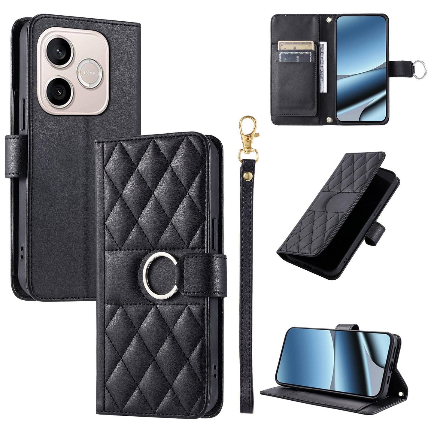 For Honor 600 Lite Global / 500 Smart 5G Ring Buckle Rhombic Leather Phone Case(Black)