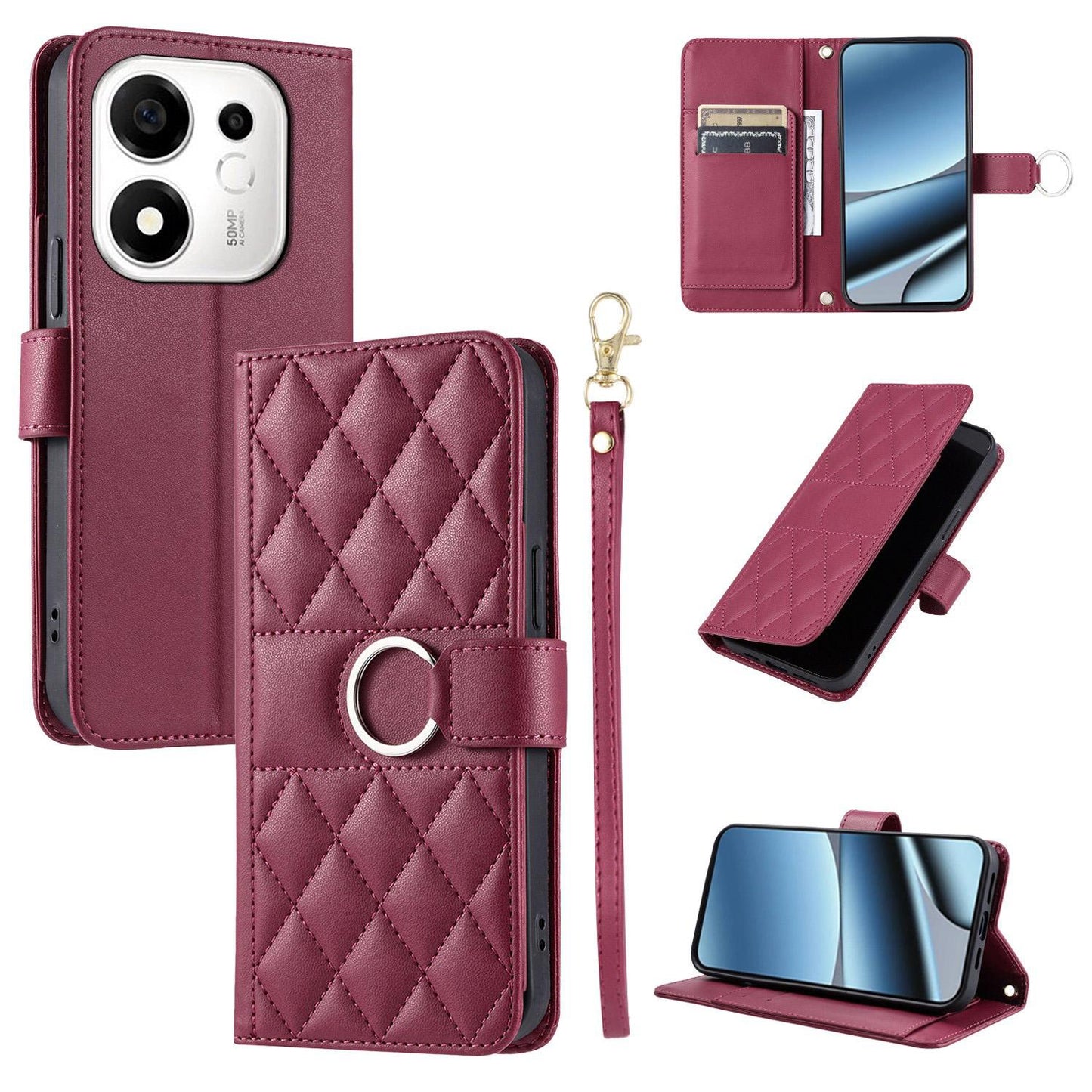 For Honor 600 Smart 5G Ring Buckle Rhombic Leather Phone Case(Red)