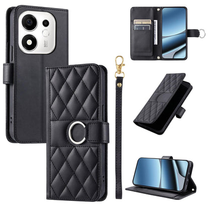 For Honor 600 Smart 5G Ring Buckle Rhombic Leather Phone Case(Black)