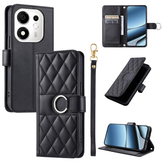 For Honor 600 Smart 5G Ring Buckle Rhombic Leather Phone Case(Black)