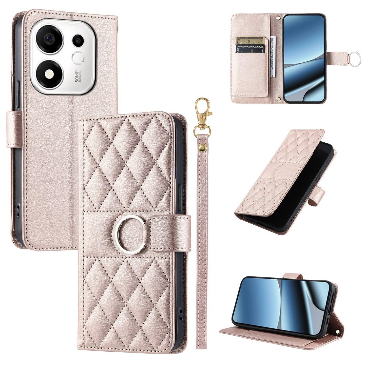 For Honor 600 Smart 5G Ring Buckle Rhombic Leather Phone Case(Rose Gold)