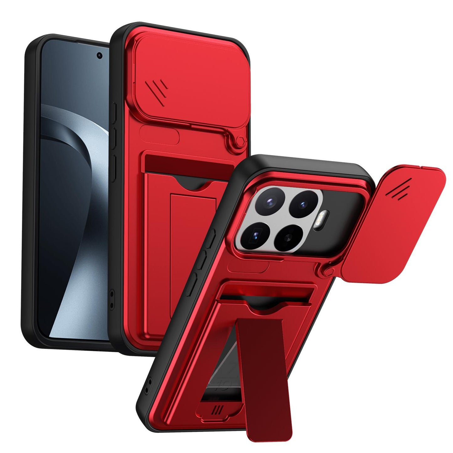 For Xiaomi 17T Pro 5G Card Holder Series Sliding Lens Cover PC Hybrid TPU Phone Case(Red)