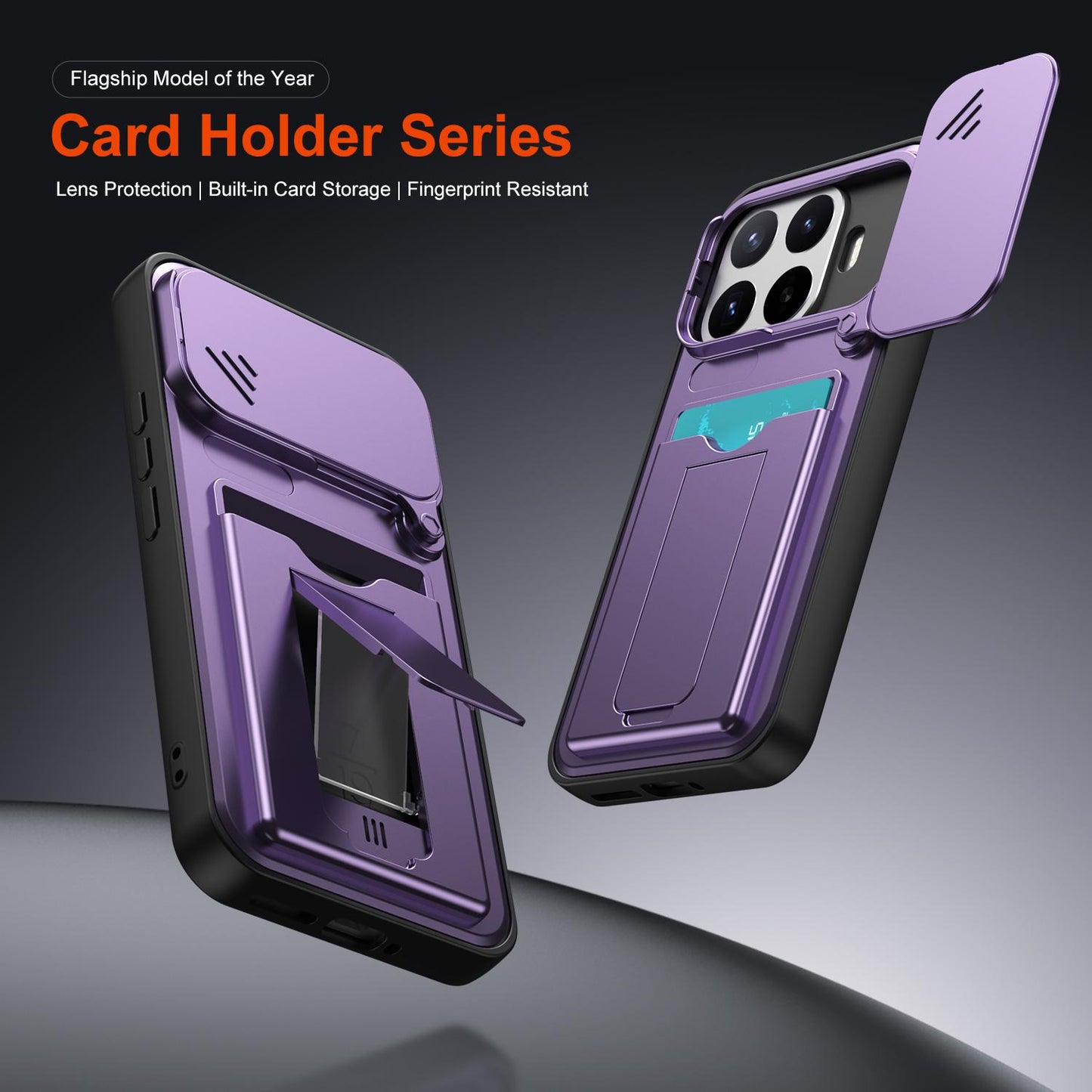 For Xiaomi 17T Pro 5G Card Holder Series Sliding Lens Cover PC Hybrid TPU Phone Case(Orange)