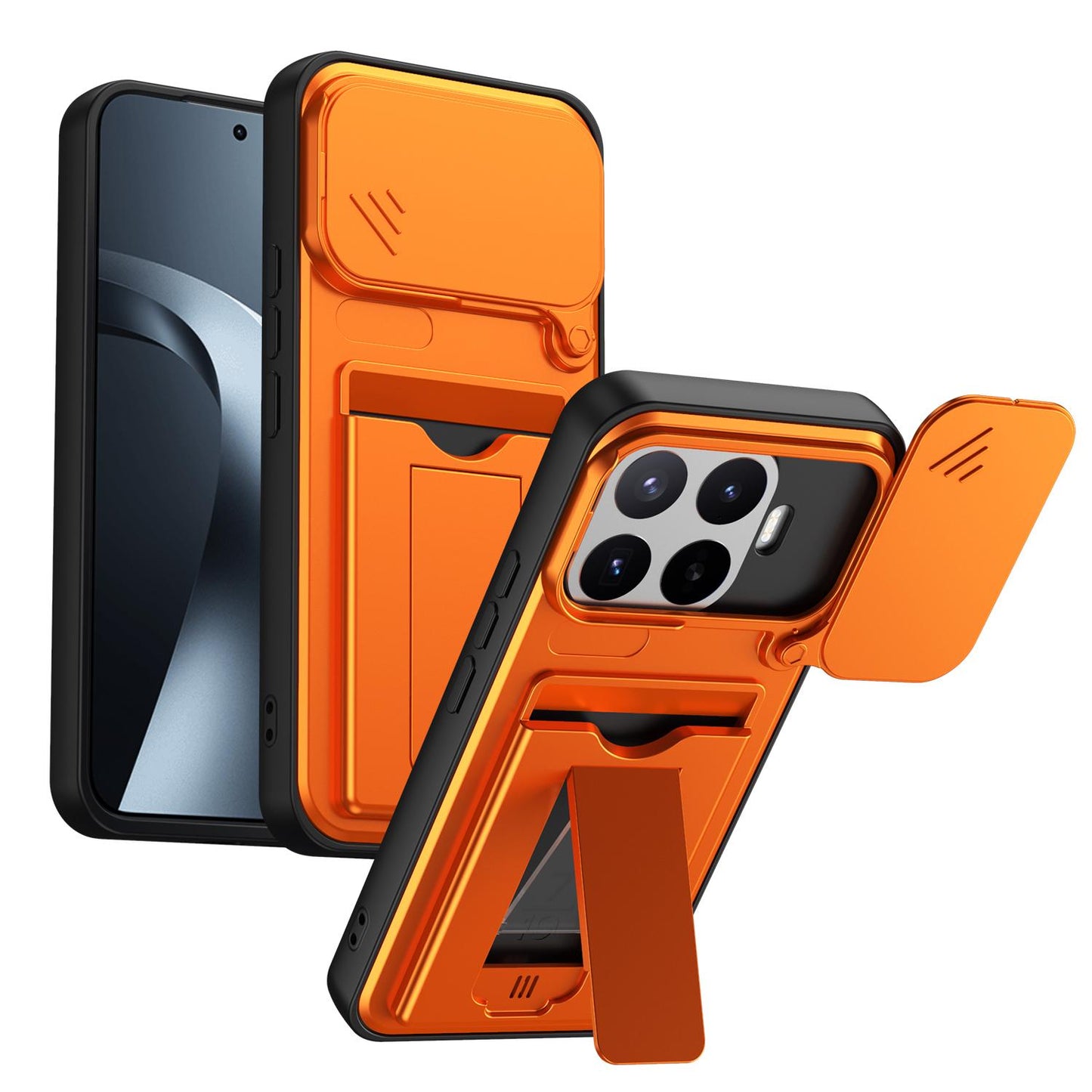 For Xiaomi 17T 5G Card Holder Series Sliding Lens Cover PC Hybrid TPU Phone Case(Orange)
