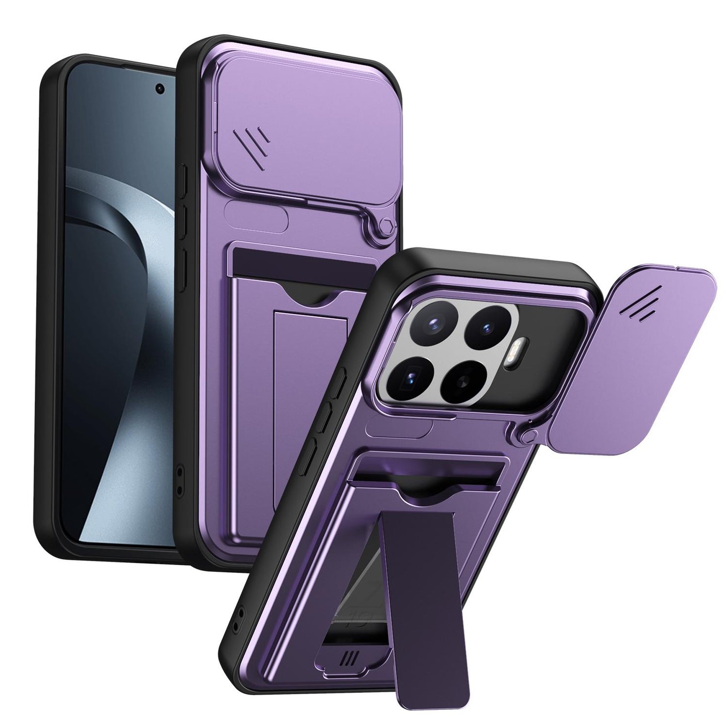 For Xiaomi 17T 5G Card Holder Series Sliding Lens Cover PC Hybrid TPU Phone Case(Purple)